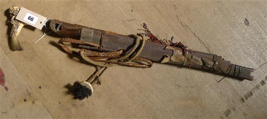 Chinese Dadao-type sword (a.f), in wooden sheath & hunting knife in hide sheath with bead tassel (the two tied together)